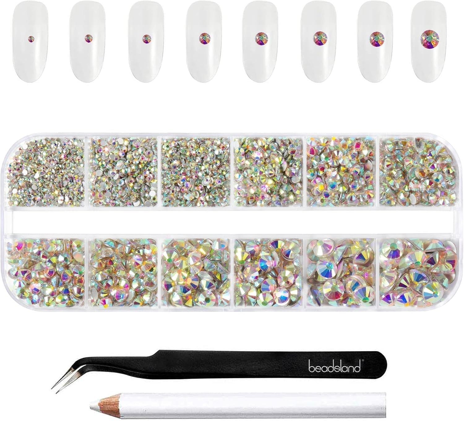 Beadsland 2500 pezzi di vetro per nail art strasssteine ​​​​Kristall Flatback Edelsteine ​​​​Runde, ​​für Handwerk Gemischt 8 Größen SS4 ~ SS30 con picking Pinzette e Stift (Kristall Weiss)
