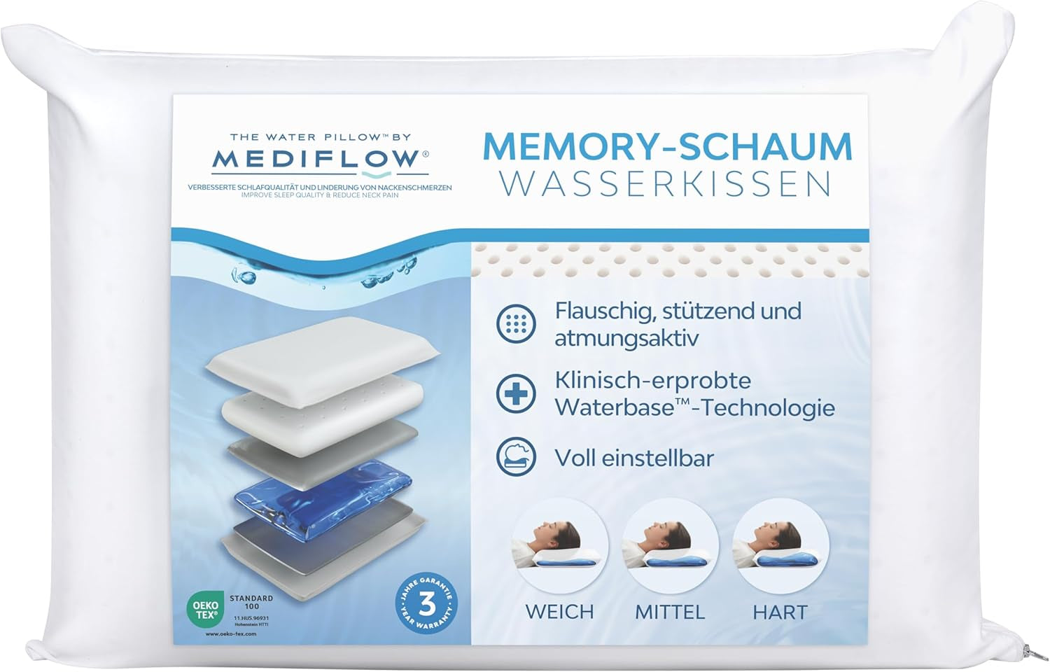 Mediflow The Original 5008 Cuscino ad Acqua con Schiuma Viscosa 50X70 cm, Bianco, Singolo, 1 Pezzo (1 Confezione) Naty Shop Cuscini Standard Titolo predefinito