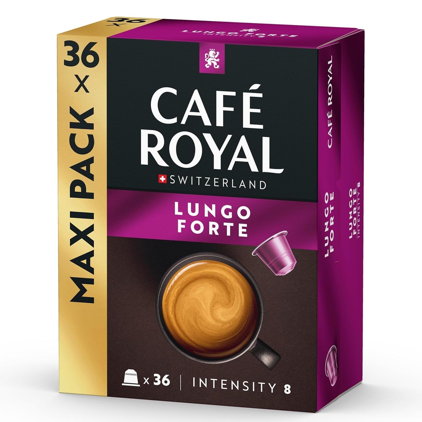 Café Royal Lungo Forte – Capsule di caffè compatibili Nespresso®, 100% Arabica, würzig, dunkle Röstung, Intensität 8/12, Rainforest Alliance, 36 capsule