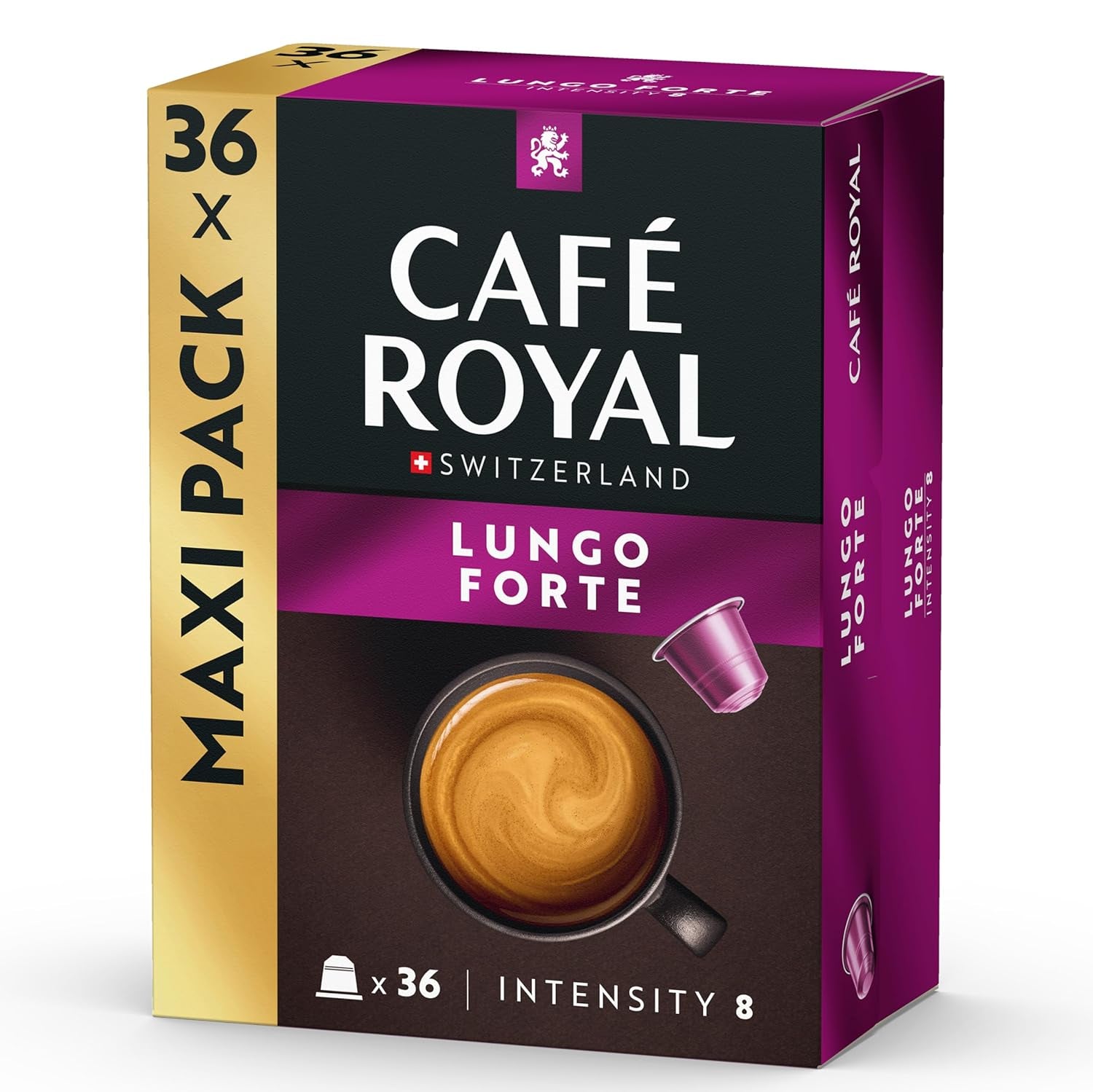 Café Royal Lungo Forte – Capsule di caffè compatibili Nespresso®, 100% Arabica, würzig, dunkle Röstung, Intensität 8/12, Rainforest Alliance, 36 capsule