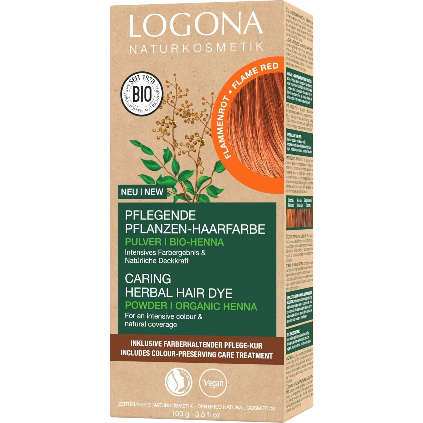 LOGONA Natural Cosmetics Tintura per capelli nutriente alle erbe, tintura per capelli vegana in polvere di henné biologico per colore e lucentezza intensi, tintura per capelli alle erbe in biondo ramato (biondo), 1 x 100 g di tintura per capelli rosso fiamma 100 g (1 confezione)