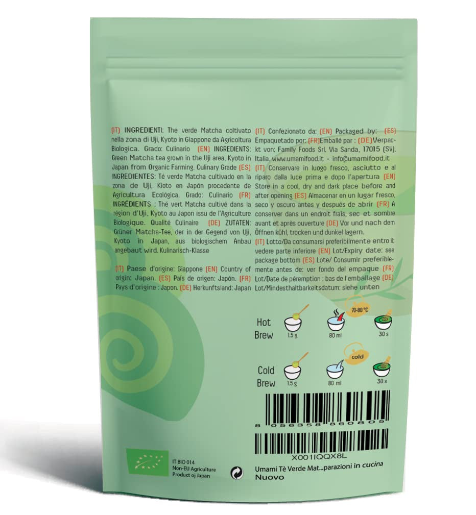 Tè verde Matcha Umami Bio in polvere - Grado culinario, coltivato a Uji, Kyoto (Giappone) da agricoltura biologica. Ottimo da bere o per cucinare in cucina 100 g...