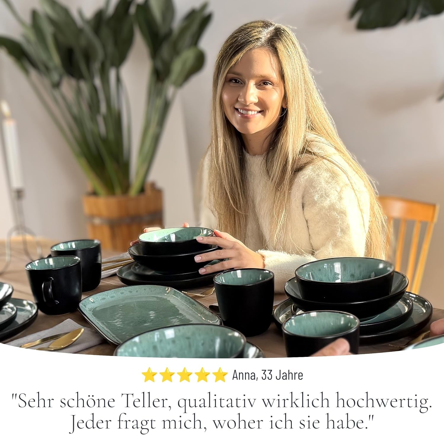 Servizio stoviglie 24 pezzi in gres ceramica per 6 persone, design Ibiza, VINCITORE DEL TEST. Uno splendido set di stoviglie mediterranee che comprende ciotole e piatti. Servizio da tavola Pure Living, verde salvia.