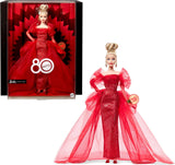 Barbie Signature Doll 80° Anniversario Mattel Figura da collezione in scintillante abito in tulle rosso con orecchini a goccia e guanti delicati Capelli biondi JBJ17