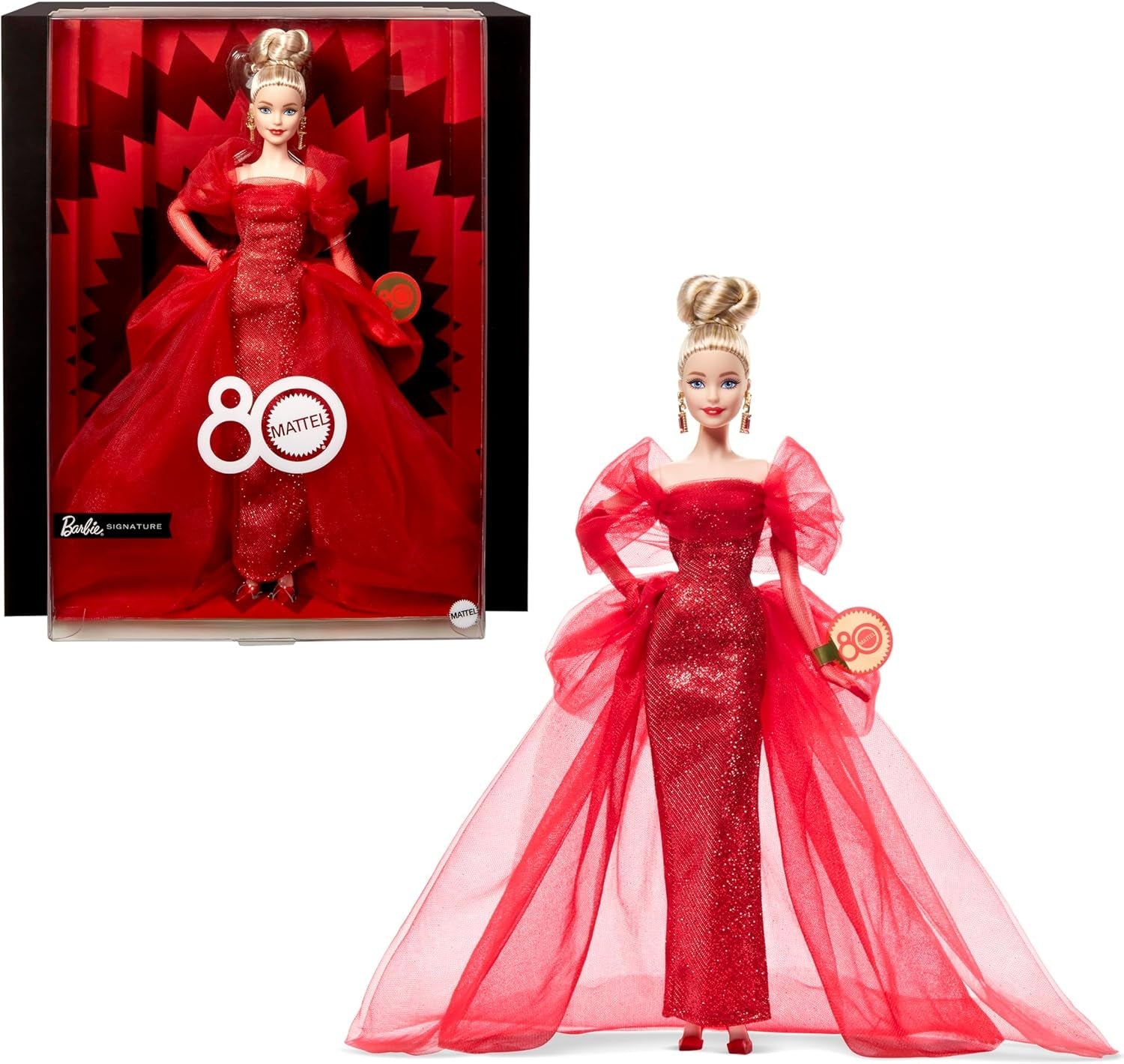 Barbie Signature Doll 80° Anniversario Mattel Figura da collezione in scintillante abito in tulle rosso con orecchini a goccia e guanti delicati Capelli biondi JBJ17