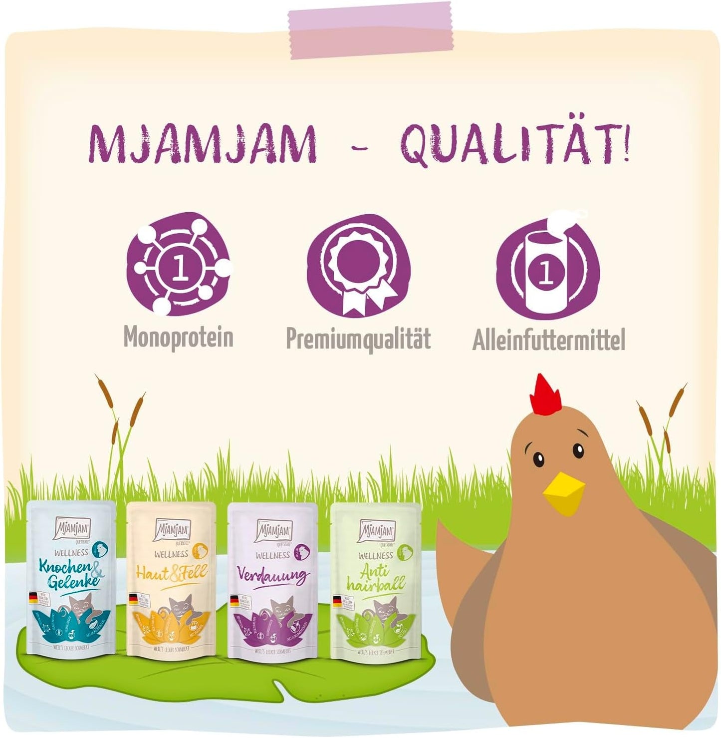 MjAMjAM - Alimento umido premium per gatti - Confezione benessere al pollo Confezione da 12 (12 x 125 g) Senza cereali con carne extra