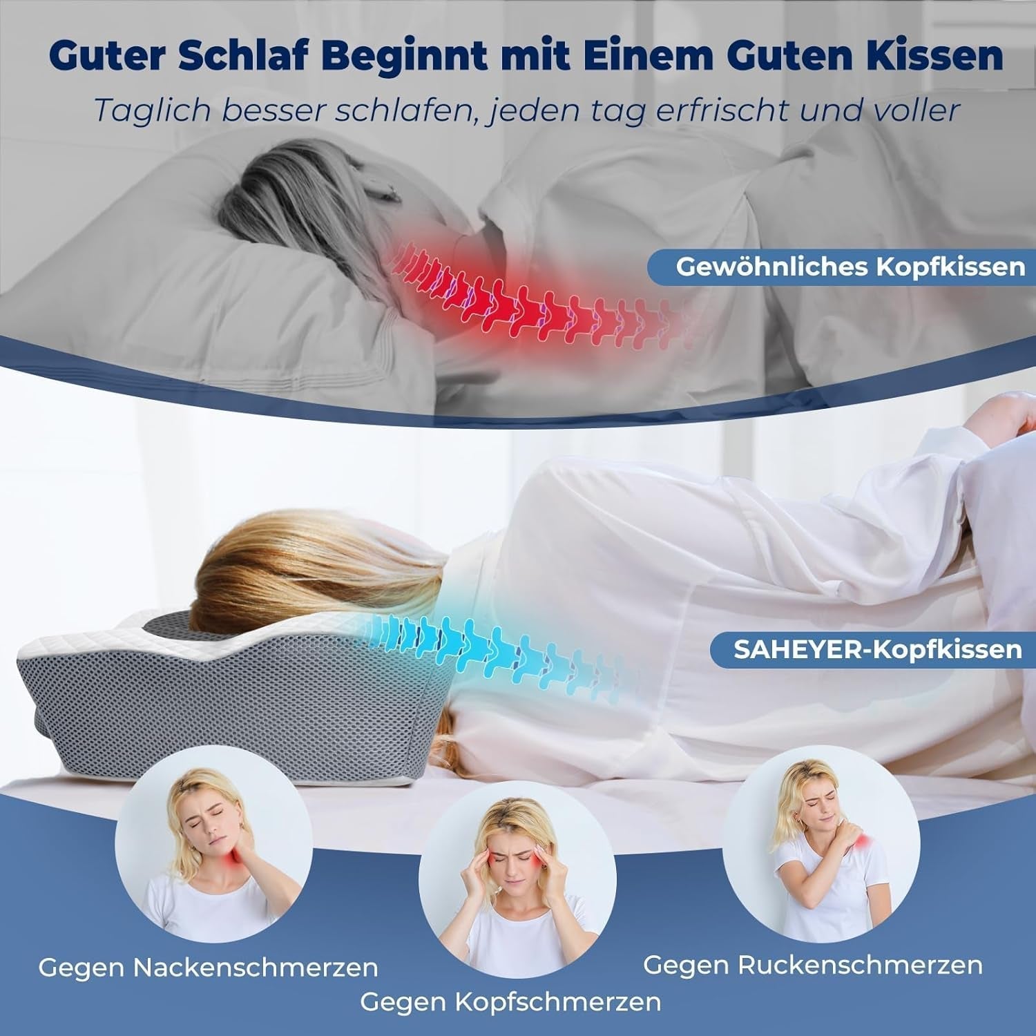 SAHEYER cuscino ortopedico cuscino di supporto per il collo cuscino per la testa, cuscino ergonomico per il collo cuscino per chi dorme sul fianco 60 X 40 X 13/11 cm cuscino in memory foam per chi dorme sul fianco, schiena e stomaco Cuscini ortopedici cervicali Naty Shop