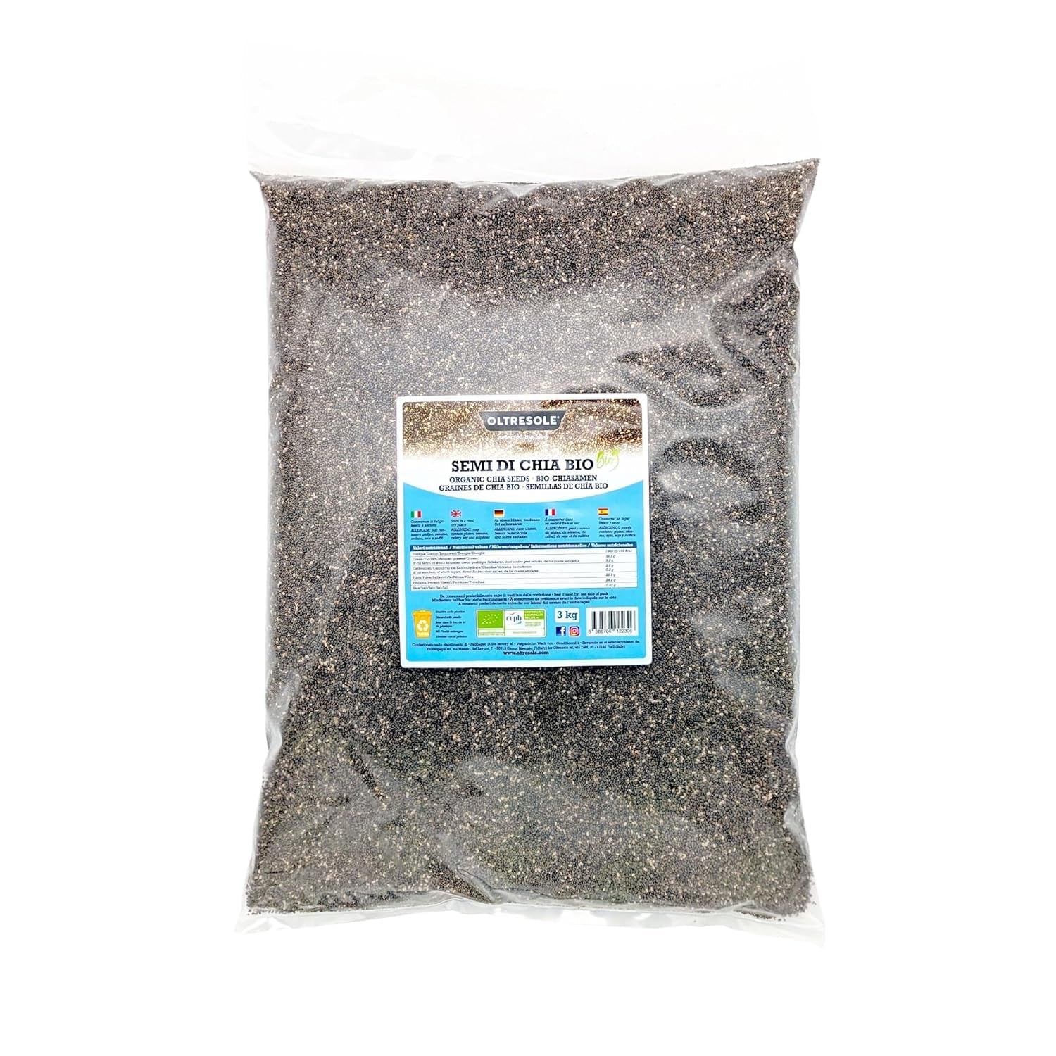 - Semi di chia bio 3 kg - Semi oleosi crudi bio, fonte di proteine ​​e fibre, naturalmente senza glutine, ideali per insalate o prodotti da forno arricchiti, comoda confezione