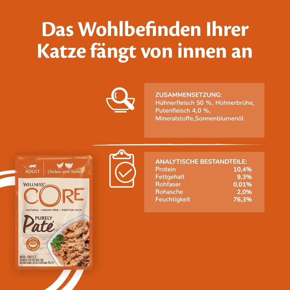 Wellness CORE Purely Paté 24 x 85g, Pollo e Tacchino - Alimento umido per gatti, patè fine, senza cereali, naturale, ipoallergenico, ricco di proteine, ricco di carne