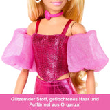 Bambola Barbie Deluxe Style #5 con abito biondo rosa metallizzato, corpetto scintillante e pantaloni scintillanti, con accessori tra cui una collana rosa e una borsetta, JFP40