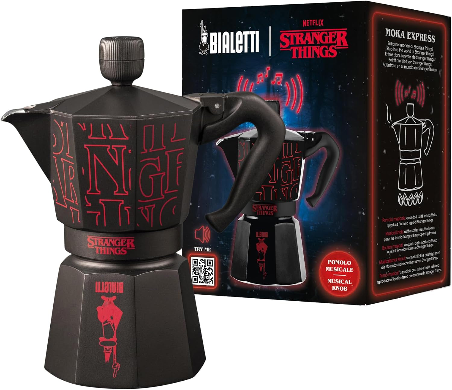Bialetti Moka Express Stranger Things Caffettiera da 6 tazze, Tasto Musica con Funzione di Ricarica USB-C, Non Adatta ai Piani di Cottura a Induzione, 6 Tazze (270ml), Nero