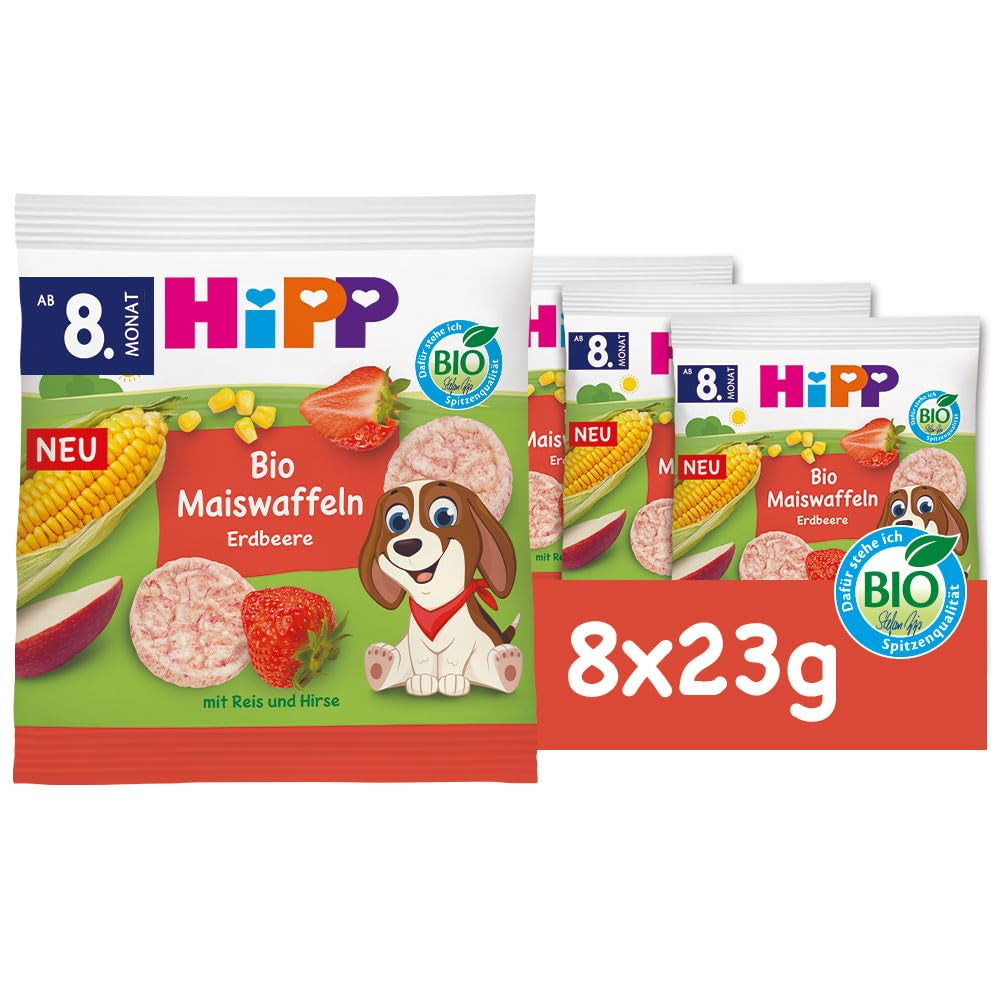 Waffle di mais biologico HiPP con fragole (8 x 23 g), spuntino per bambini a partire da 8 mesi, addolcito solo con frutta e verdura, senza glutine, migliore qualità biologica
