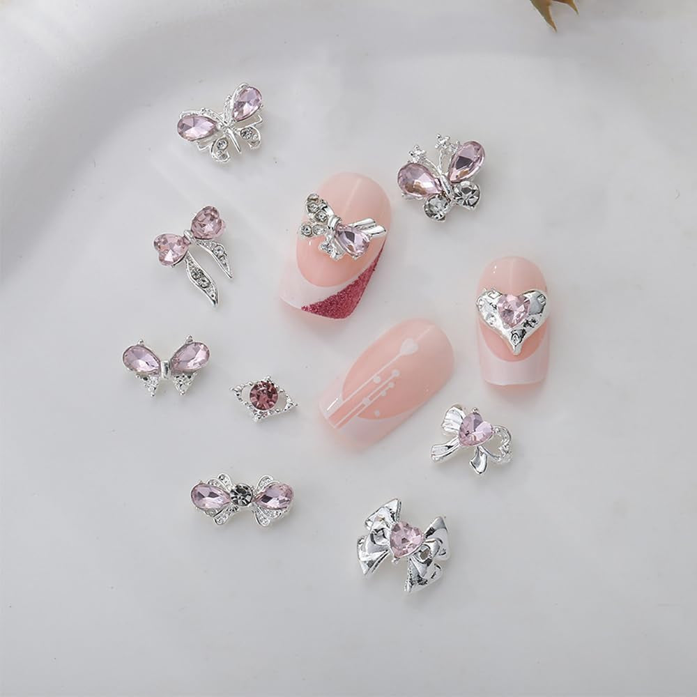 Luxus Rosa Diamant Nagel Charms Farfalla 3D Nail Art Charms Arco Nail Charms Y2K Cuore Charms Nägel Zubehör Schmetterling Herz Schleife Nageldesign Edelsteine ​​​​Strasssteine ​​​​Glitzersteine ​​​​Nagelschmuck