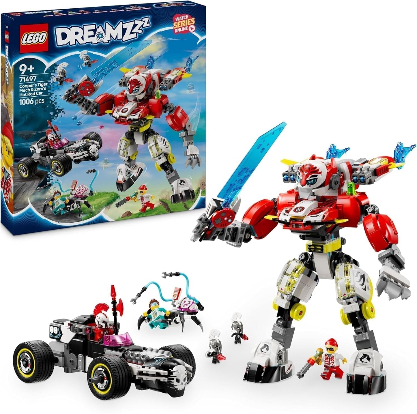 LEGO Dreamzzz Cooper's Tiger Mech e Zero's Hot Rod Car Macchinina giocattolo per bambini di 9 anni Ragazzi e ragazze Regalo 2 in 1 Mech e Minifigure Playset 71497 Set da costruzione Besuche den LEGO-Store Titolo predefinito