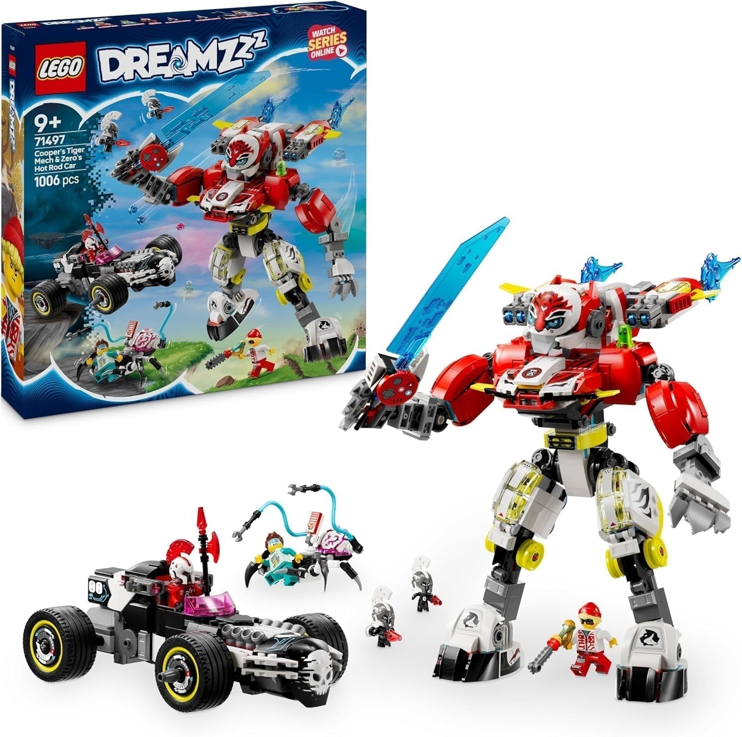 LEGO Dreamzzz Cooper's Tiger Mech e Zero's Hot Rod Car Macchinina giocattolo per bambini di 9 anni Ragazzi e ragazze Regalo 2 in 1 Mech e Minifigure Playset 71497 Set da costruzione Besuche den LEGO-Store Titolo predefinito
