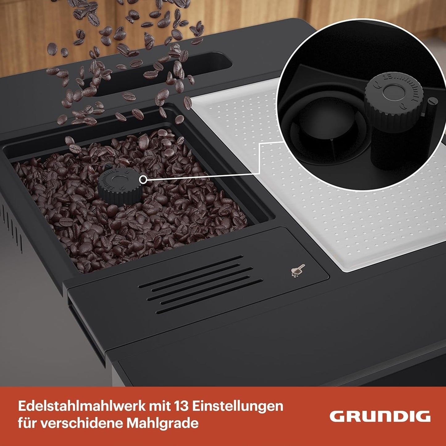 Macchina per caffè espresso completamente automatica GRUNDIG KVA 6230 con montalatte, macinacaffè in acciaio inossidabile con 13 impostazioni di macinatura, contenitore per chicchi da 250 g, serbatoio dell'acqua rimovibile da 2 litri, pressione della pompa 19 bar, display touch, nero