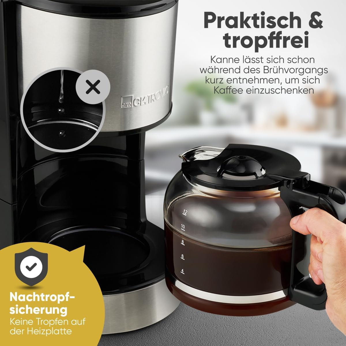 Macchina per caffè espresso con filtro Clatronic® | per 12-14 tazze | Macchina per caffè espresso con filtro | Cassa in acciaio inossidabile | Antigoccia | Espresso | Macchina per caffè espresso con filtro | 800 W | KA3808