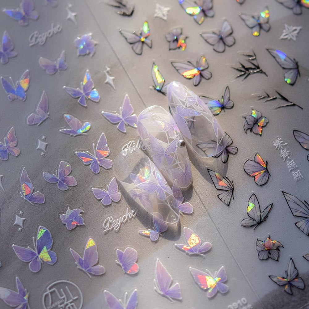 2 Blätter Schmetterling Nagelsticker Selbstklebend,Muschel Glitzer Nail Art Farfalla Adesivo per unghie Lila Grau Schmetterlinge Nagelaufkleber Relief Laser Farfalle Nagel Sticker Nageldesign Zubehör