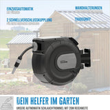 Avvolgitubo automatico Güde 20-2-2 1/2 (per montaggio a parete, rotazione di 180°, tubo da 20 m, getto d'acqua, supporto a parete, retrazione automatica, arresto retrazione, maniglia di trasporto, 2 attacchi rapidi)