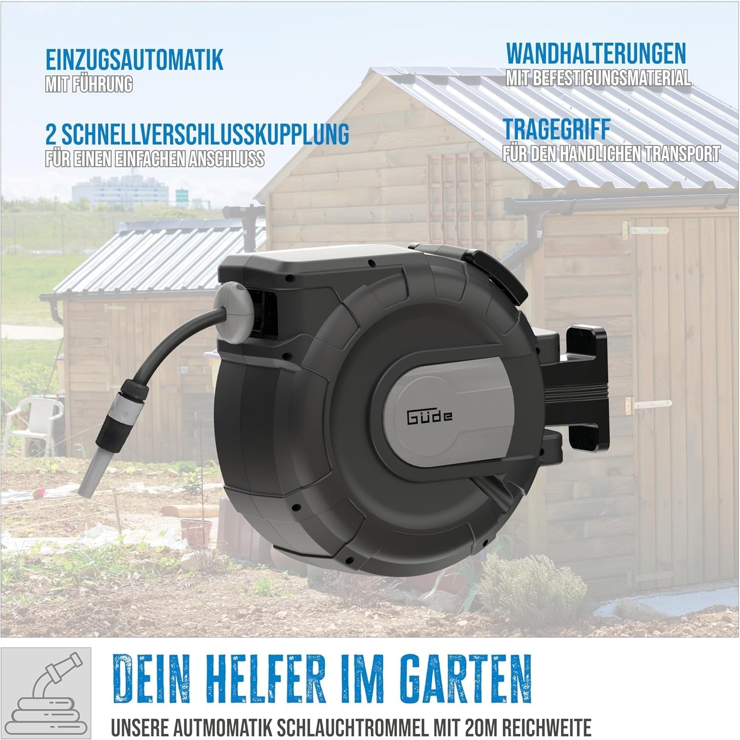 Avvolgitubo automatico Güde 20-2-2 1/2 (per montaggio a parete, rotazione di 180°, tubo da 20 m, getto d'acqua, supporto a parete, retrazione automatica, arresto retrazione, maniglia di trasporto, 2 attacchi rapidi)