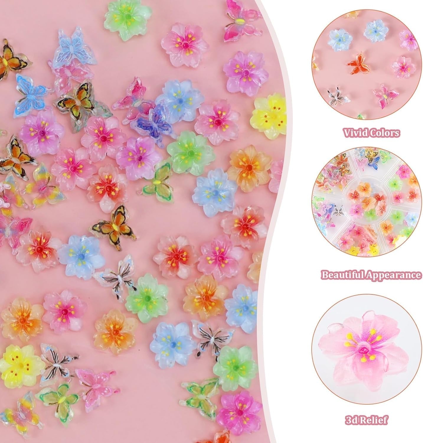 YICH Ciondoli per unghie Nägel Charms 50 pezzi fiori 3D + 50 pezzi 3D Schmetterling, Summer Nägel Deko Set Schmetterling/Fiori Nail Art Nail art