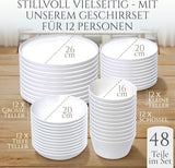 Set di stoviglie in porcellana cristallo da 48 pezzi VINCITORE DEL TEST Set di stoviglie in porcellana trasparente Ciotole e piatti Servizio da tavola per 12 set di stoviglie Pure Living in bianco