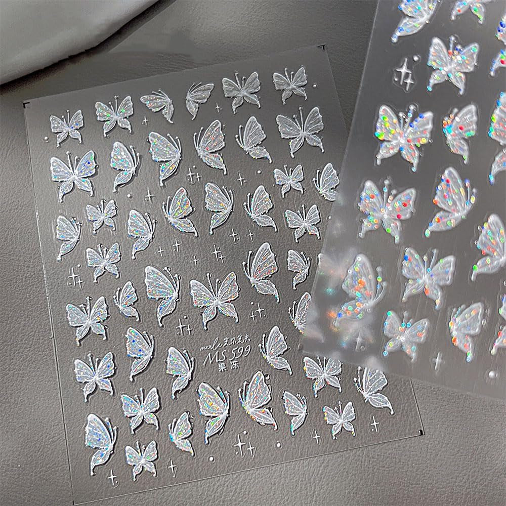 Aurora Muschel Schmetterling Nagelsticker Weiß Schmetterlinge Nail Sticker Gelee Relief Butterfly Nagelaufkleber Y2K Farfalle Nagel Sticker Nägel Nageldesign Nagel Zubehör Nail Art Stickers Nail art