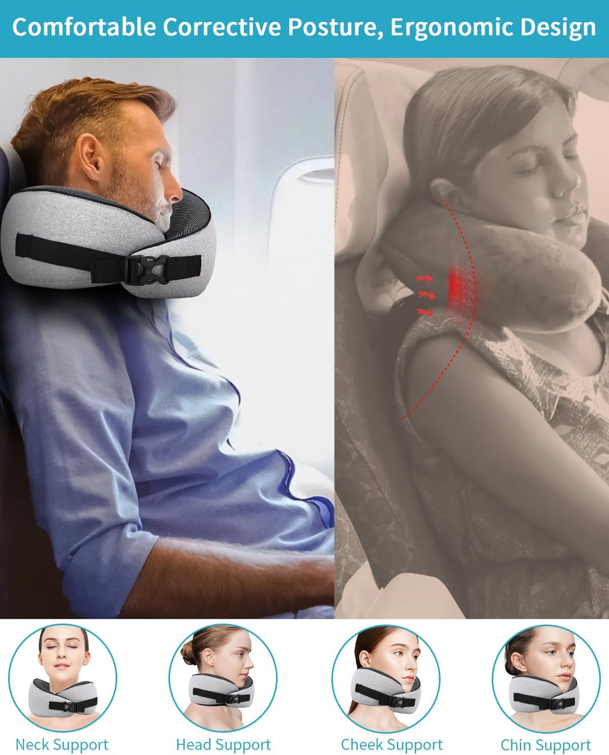 Cuscino per collo da aereo, Cuscino da viaggio in memory foam, Cuscino per collo per adulti, Cuscino da aereo regolabile e lavabile, Cuscino da viaggio ergonomico (Grigio) Cuscini ortopedici cervicali Naty Shop