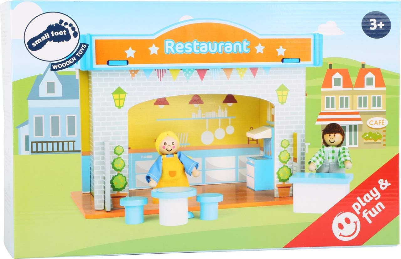 Small Foot 10852 Casetta da gioco Ristorante In legno, Con 2 bambole, accessori e tetto rimovibile, A partire da 3 anni Naty Shop Case delle bambole