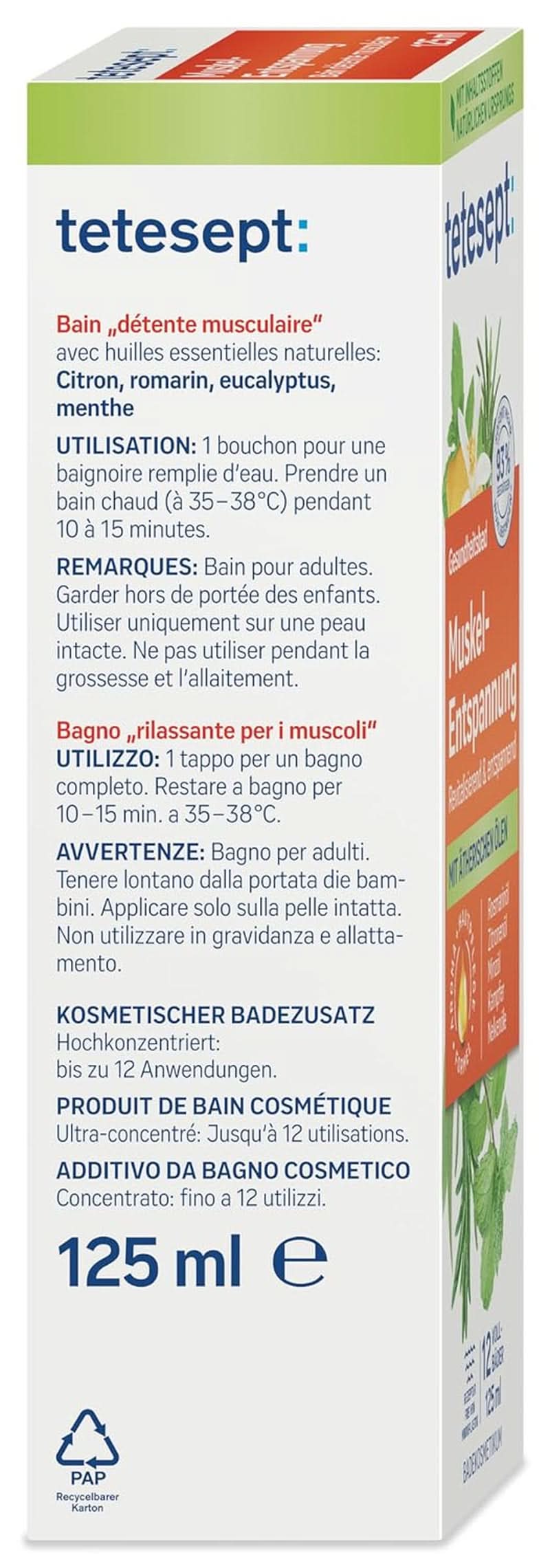Tetesept Muskel, Additivo per bagno rilassante dopo lo sforzo fisico, 125 ml Doccia e bagno Naty Shop