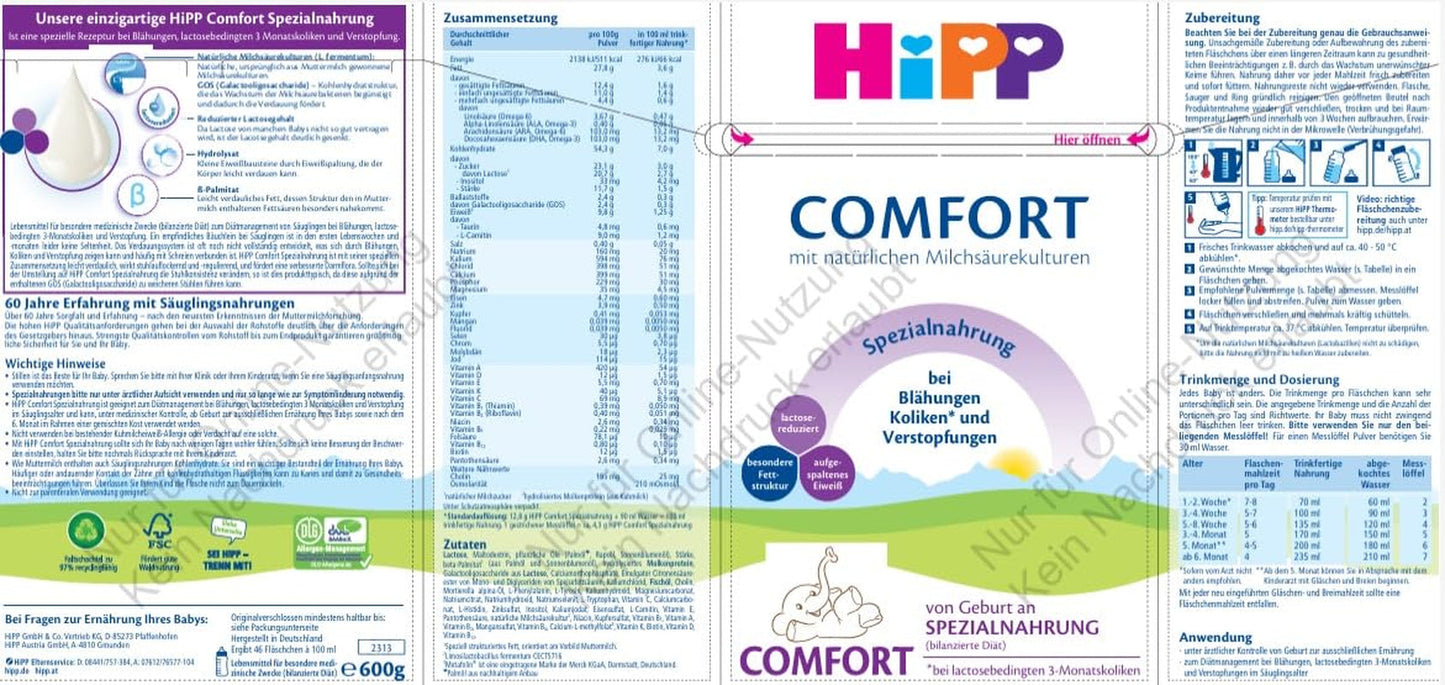 Formula speciale HiPP Comfort (4 x 600g), dalla nascita, a ridotto contenuto di lattosio, per la gestione dietetica di coliche, gonfiore e stitichezza
