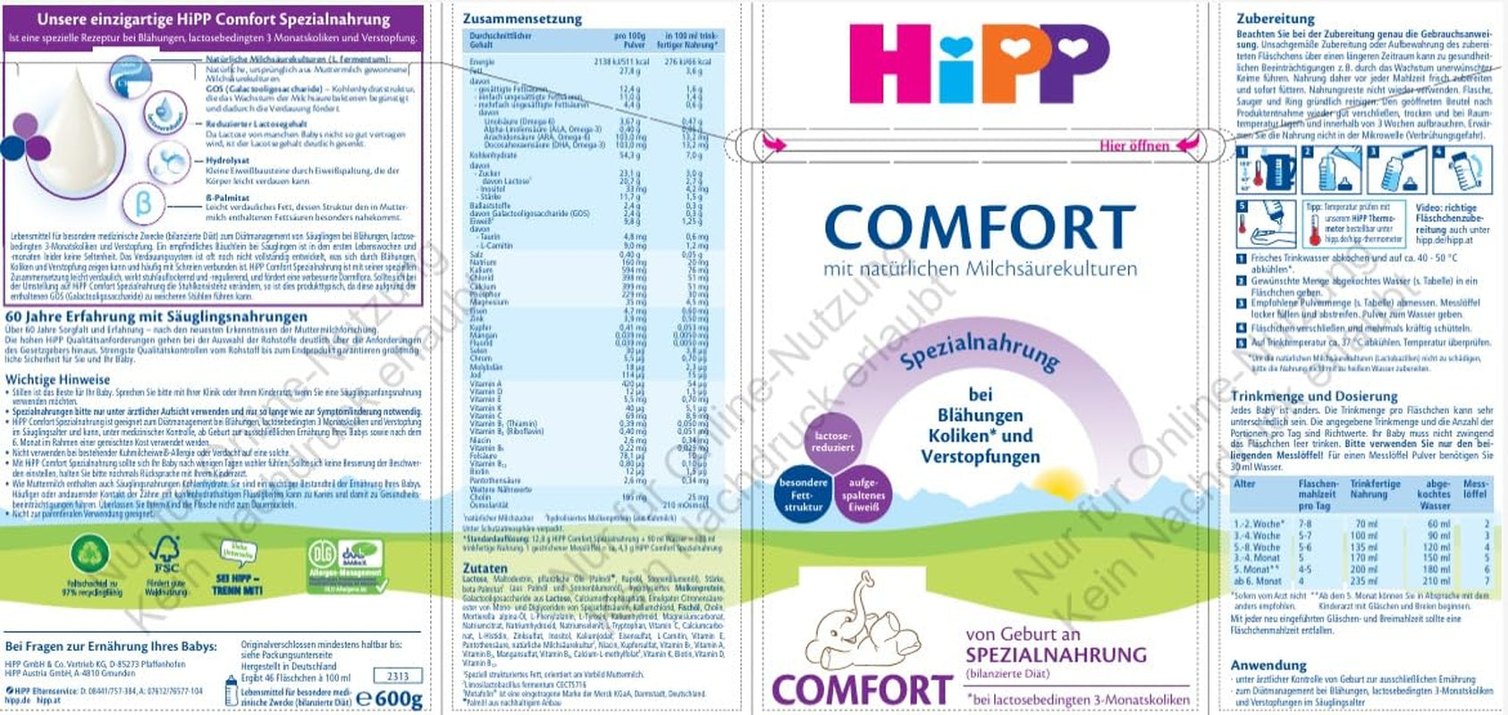 Formula speciale HiPP Comfort (4 x 600g), dalla nascita, a ridotto contenuto di lattosio, per la gestione dietetica di coliche, gonfiore e stitichezza