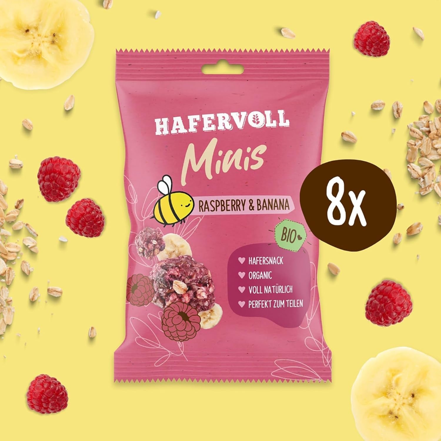 HAFERVOLL Minis Colza e Banana 8x 65g - Certificato biologico, con miele, senza zuccheri aggiunti, perfetto da condividere