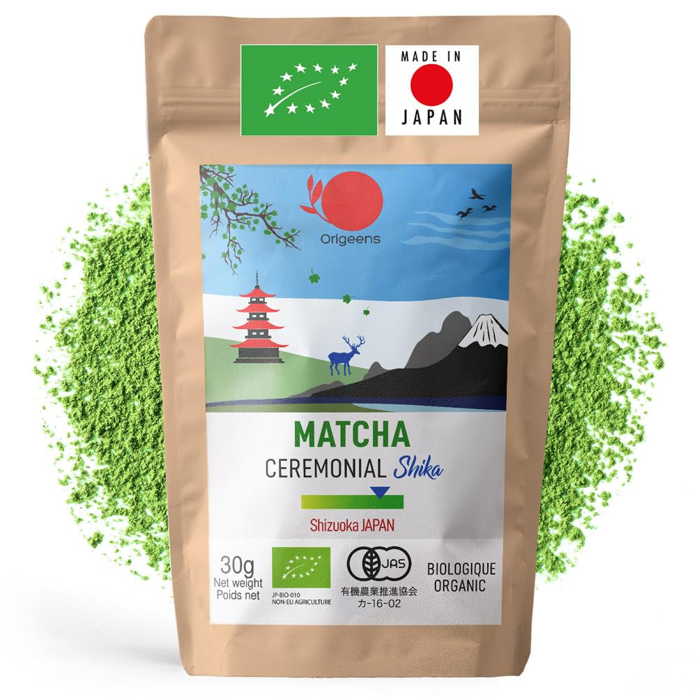 ORIGEENS BIO MATCHA CEREMONIAL GRADE "SHIKA" - Tè giapponese biologico di Shizuoka - Matcha Latte/Usucha - Borsa di ricarica da 30 g - Tè verde matcha biologico in polvere di grado cerimoniale