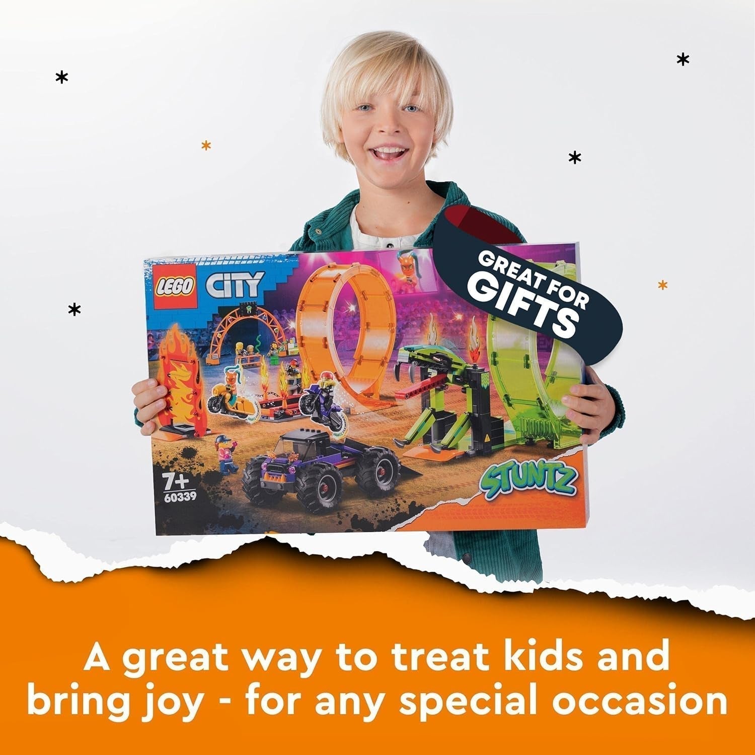 LEGO City Stuntz Spettacolo acrobatico, set a doppio looping, 60339, incl. rampa, monster truck, motocicletta 2X e 7 minifigure, giocattolo per bambini dai 7 anni in su Set da costruzione Besuche den LEGO-Store