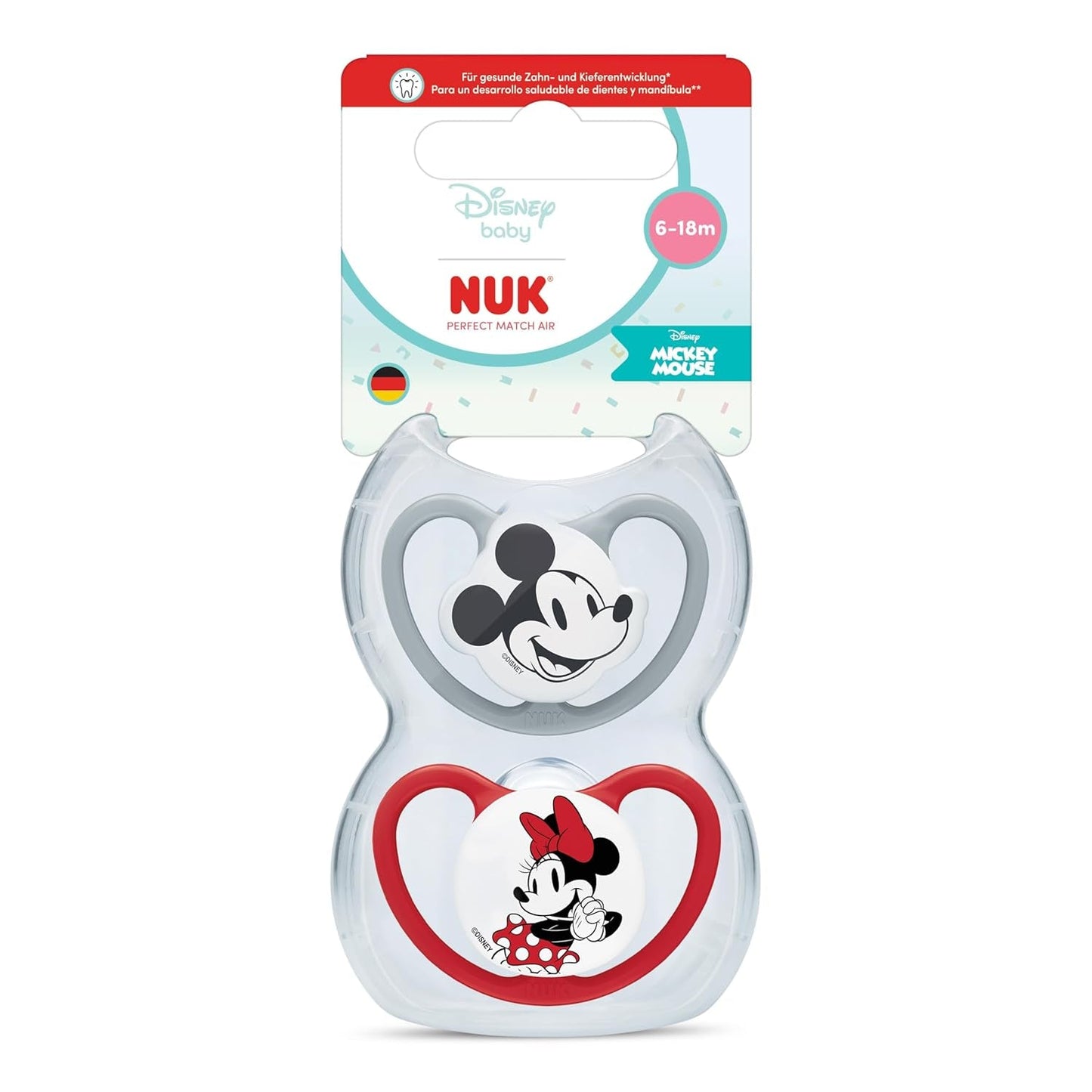 Ciucci NUK Perfect Match per neonati | 6-18 mesi | Ciucci ortodontici che favoriscono la circolazione dell'aria e prevengono le eruzioni cutanee causate dalla saliva | 95% di accettazione da parte dei bambini** | Disney Minnie Mouse | Confezione da 2