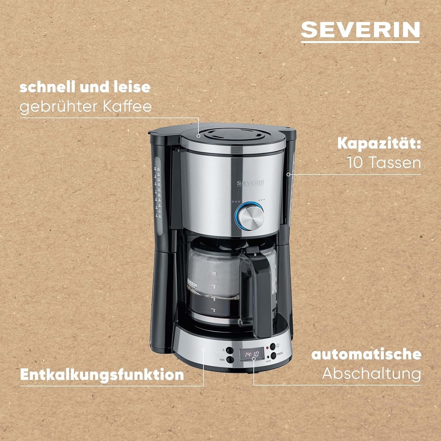 Macchina per caffè espresso SEVERIN "TypeSwitch" con caraffa in vetro e timer, AromaSwitch per scegliere 2 opzioni di erogazione, orologio digitale con funzione timer, per un massimo di 10 tazze, 1000 W, acciaio inossidabile spazzolato-nero, KA 4826