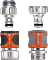 Gardena 39042-M Kit di avviamento rapido in metallo per tubi da giardino, raccordi rapidi e accessori in pochi secondi, 4 pezzi inclusi adattatori a prova di perdite per spina e presa