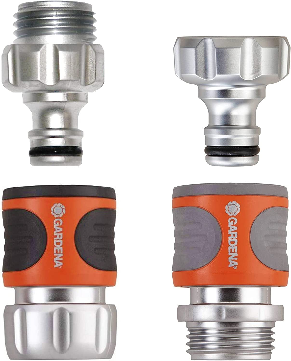Gardena 39042-M Kit di avviamento rapido in metallo per tubi da giardino, raccordi rapidi e accessori in pochi secondi, 4 pezzi inclusi adattatori a prova di perdite per spina e presa