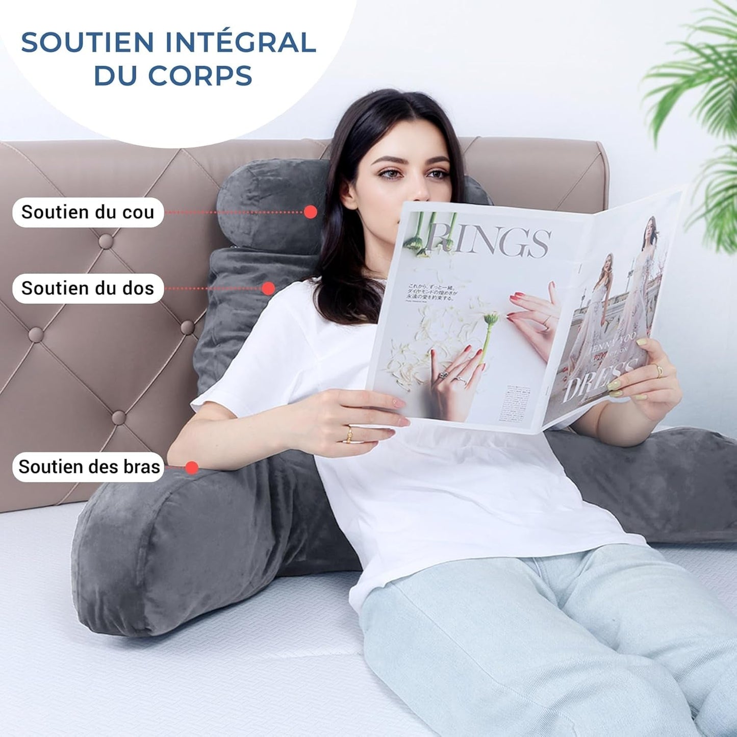 INFANTIA cuscino da lettura ergonomico con braccioli, supporto per la schiena, grande, grigio