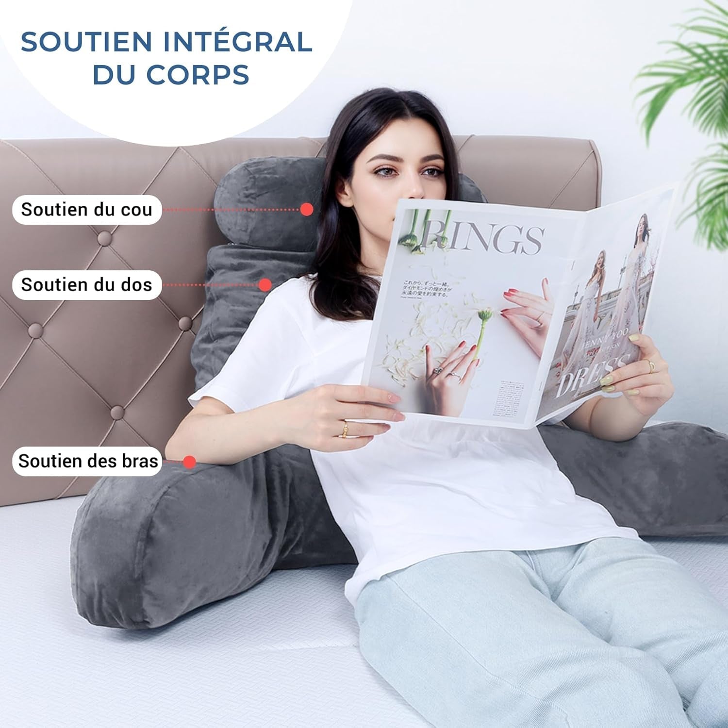 INFANTIA cuscino da lettura ergonomico con braccioli, supporto per la schiena, grande, grigio