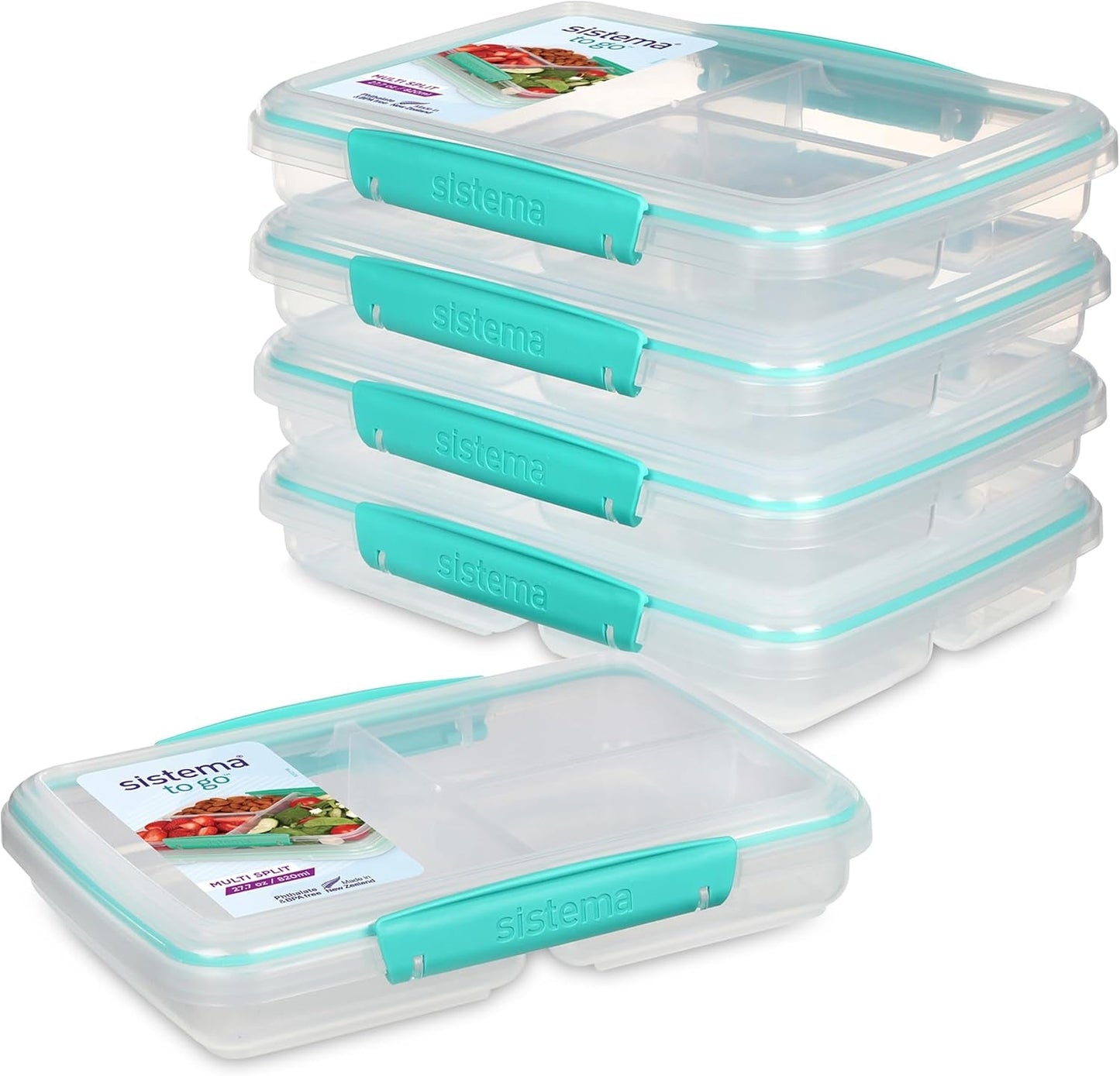 Contenitori per la conservazione degli alimenti del sistema IT Nest Scatole per la preparazione dei pasti | Contenitori ermetici da 1,9 litri con TRE scomparti e coperchi | Senza BPA | Verde | 5 pezzi Contenitori per alimenti Naty Shop 5 X 820 Ml