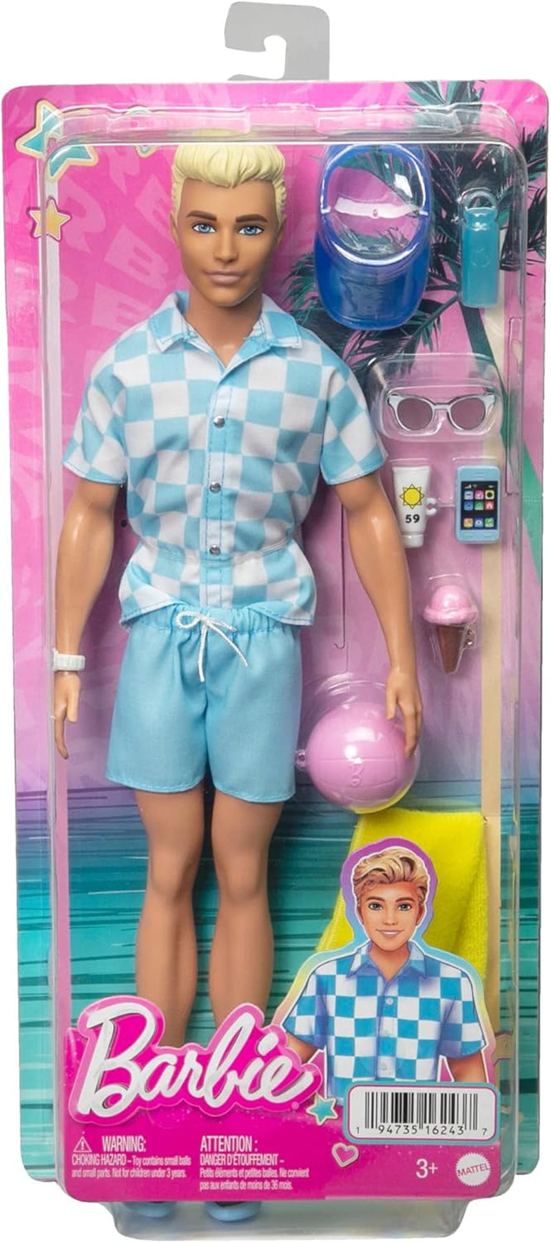 Barbie Ken - Bambola bionda con camicia blu e grembiule da bagno, accessori da spiaggia e pallone da spiaggia per gioco creativo, dai 3 anni in su, HPL74