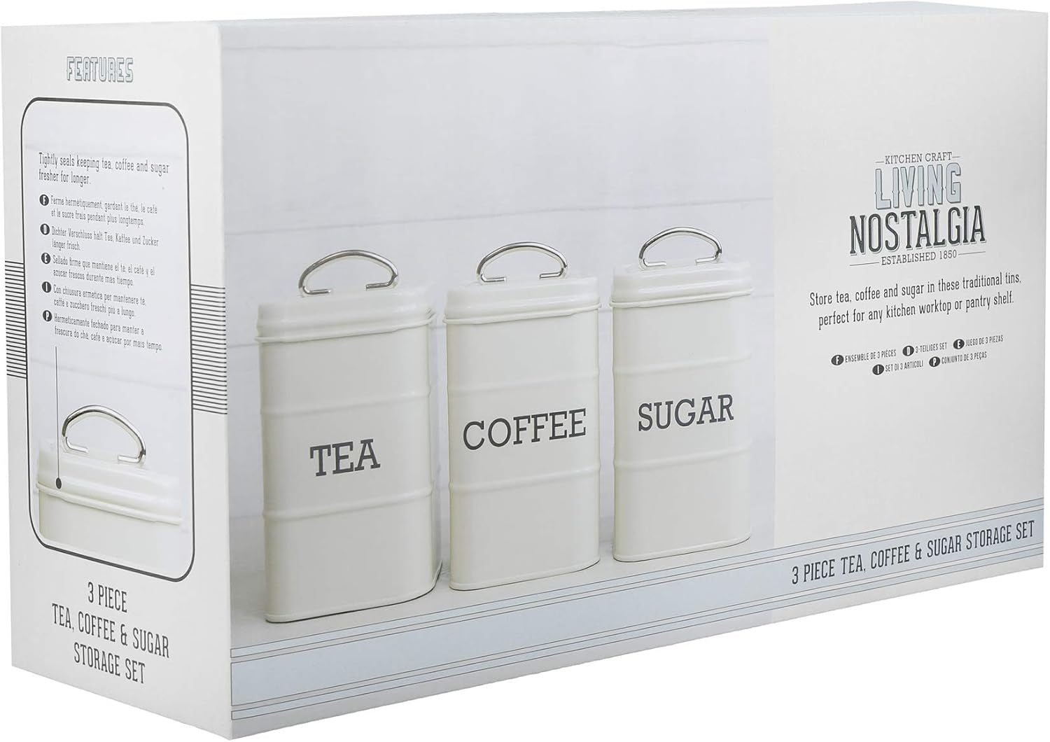 KitchenCraft Living Nostalgia Set di 3 barattoli per tè, zucchero e caffè in confezione regalo, Acciaio, Crema anticata, 11 cm x 11 cm x 17 cm, Scatole per alimenti blu vintage Naty Shop