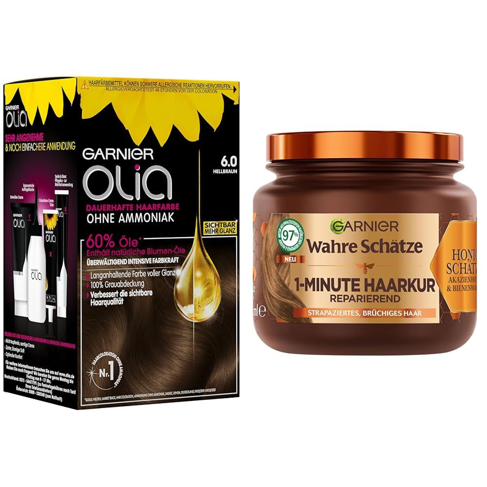 Garnier Olia Hair Color 6.0 Castano chiaro + True Treasures Repair Treatment (340ml) per capelli danneggiati - colorazione senza ammoniaca, oli naturali, copre i capelli grigi, miele e cera d'api, riduce la rottura dei capelli Tinture per capelli Naty Shop Tintura per capelli + trattamento riparatore