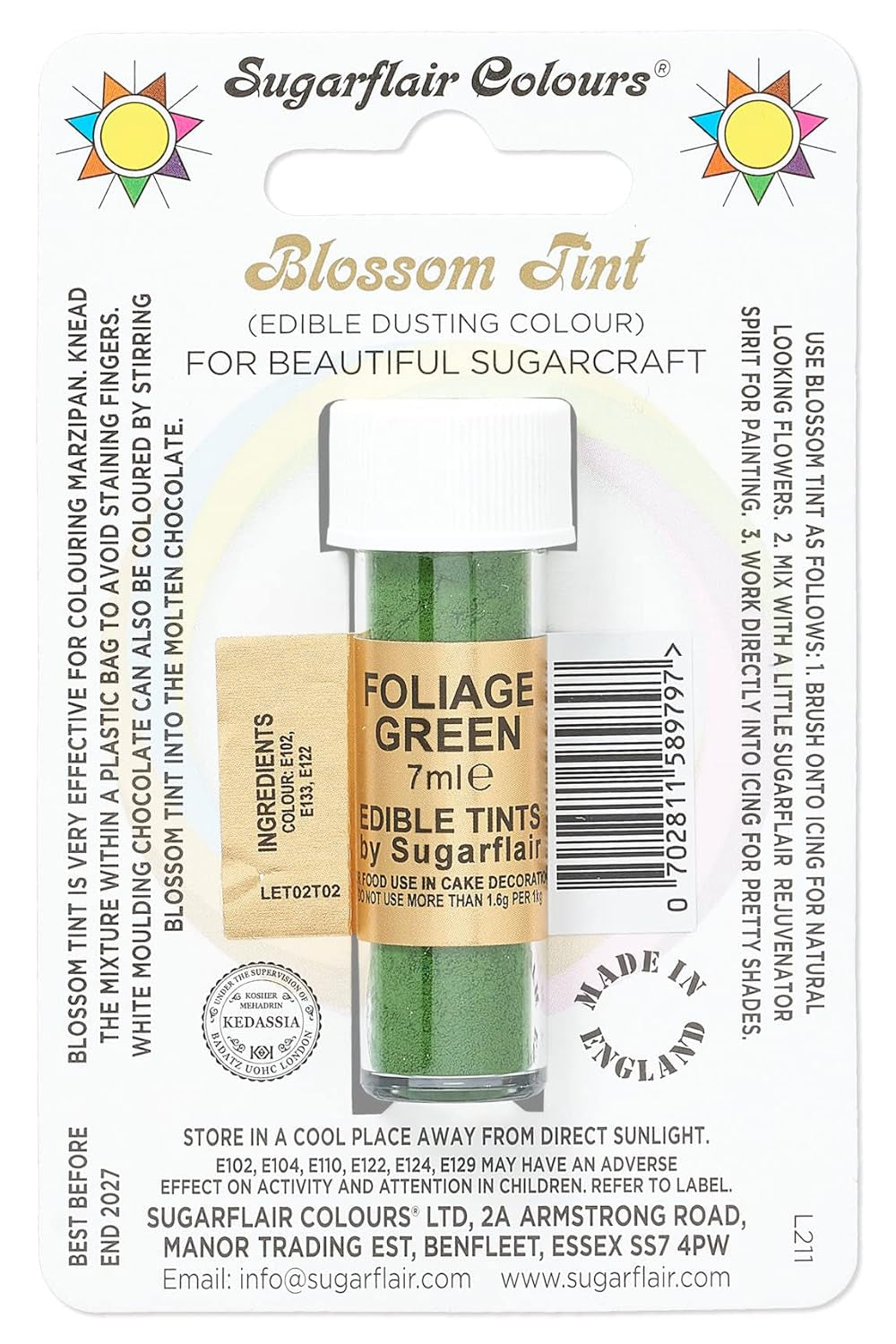 Colorante alimentare in polvere Sugarflair Blossom Tint Dusting - Colorante alimentare in polvere per decorare pasta di zucchero colorata, fondente, glassa, cioccolato, crema al burro, amaretti - 7ml