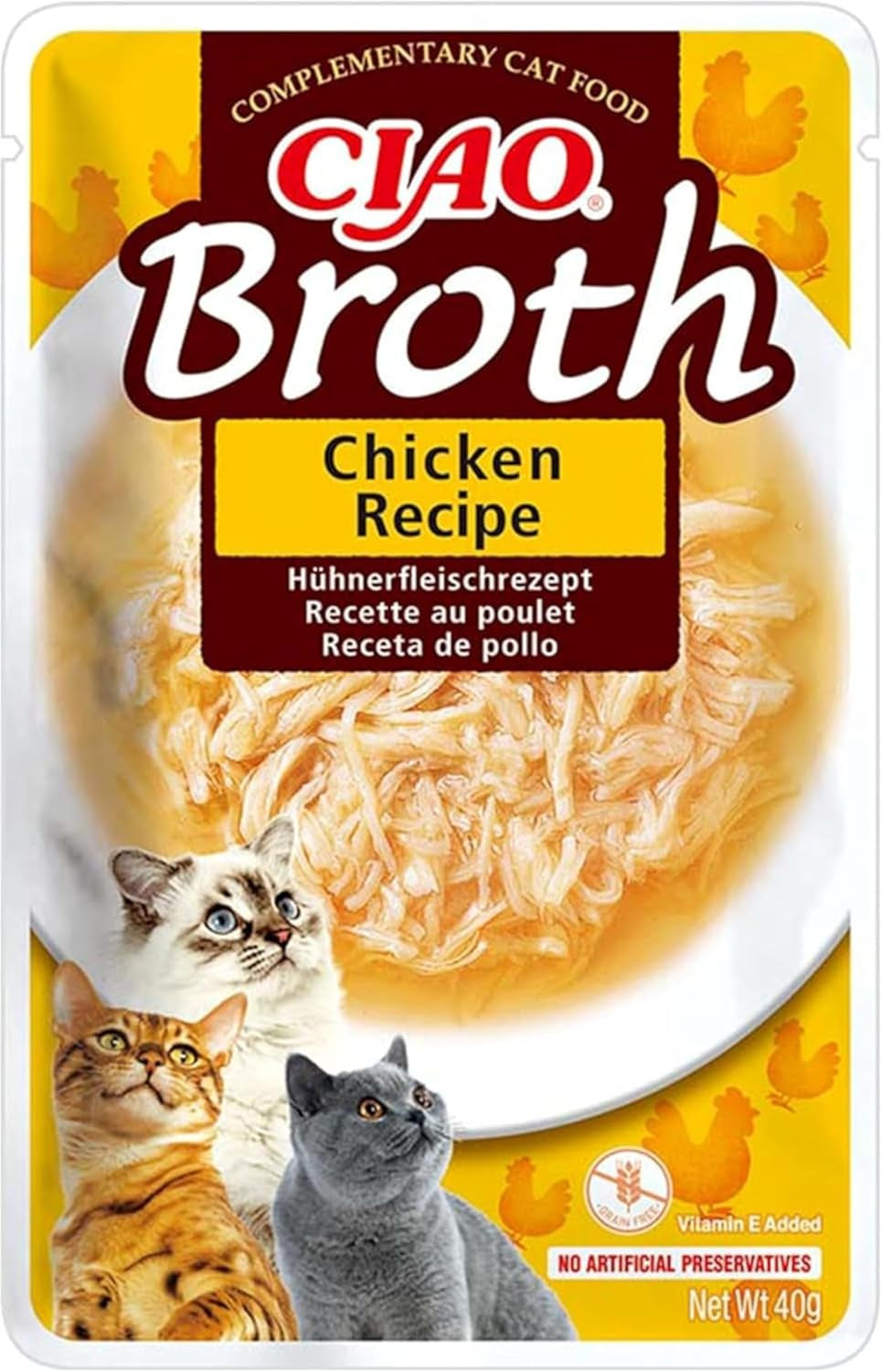 INABA Ciao Broth Cibo umido per gatti 88% di umidità e vitamina E, zuppa premium per gatti con pollo 40 g (confezione da 12), carne naturale al 100%, senza cereali, senza zucchero