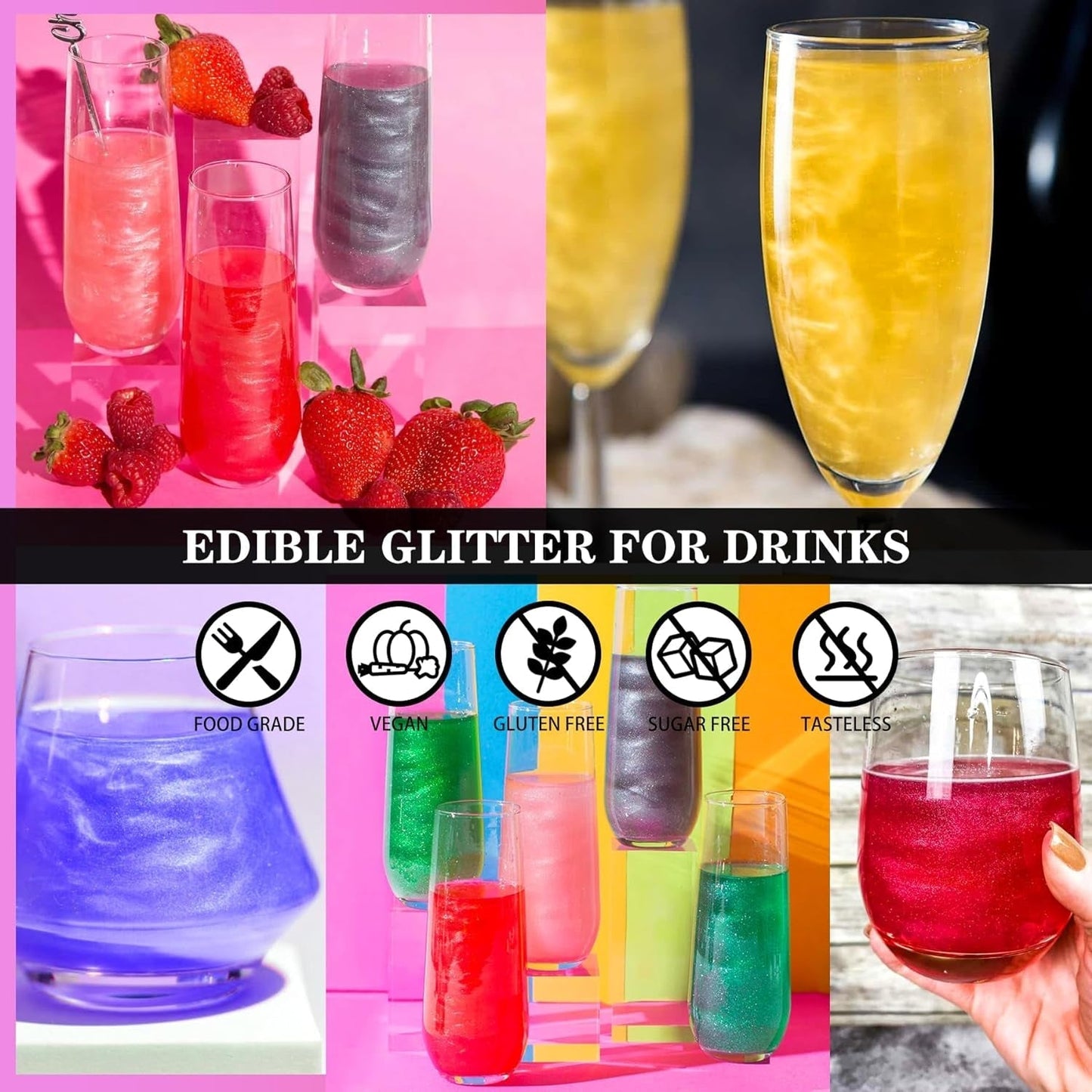 Glitter commestibili - Polvere glitter commestibile in 4 colori, polvere glitter per bevande, cibo, torte - Colorante alimentare metallico commestibile per dolci, cocktail - 5 g/bottiglia