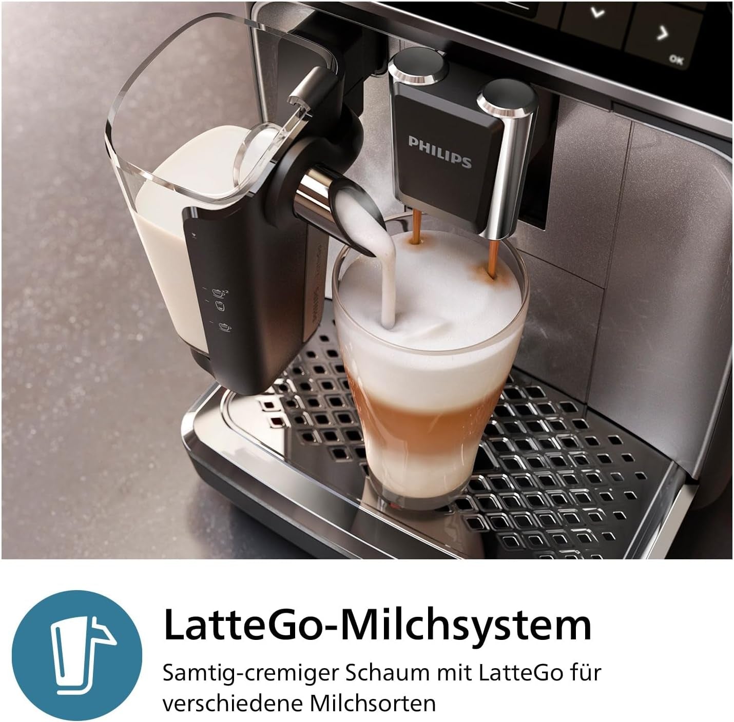 Macchina per caffè espresso automatica PHILIPS serie 3300 - 6 bevande, moderno touch screen a colori, sistema di preparazione del latte LatteGo, SilentBrew, macinacaffè 100% ceramica, filtro AquaClean. Cromo Nero (EP3347/90)