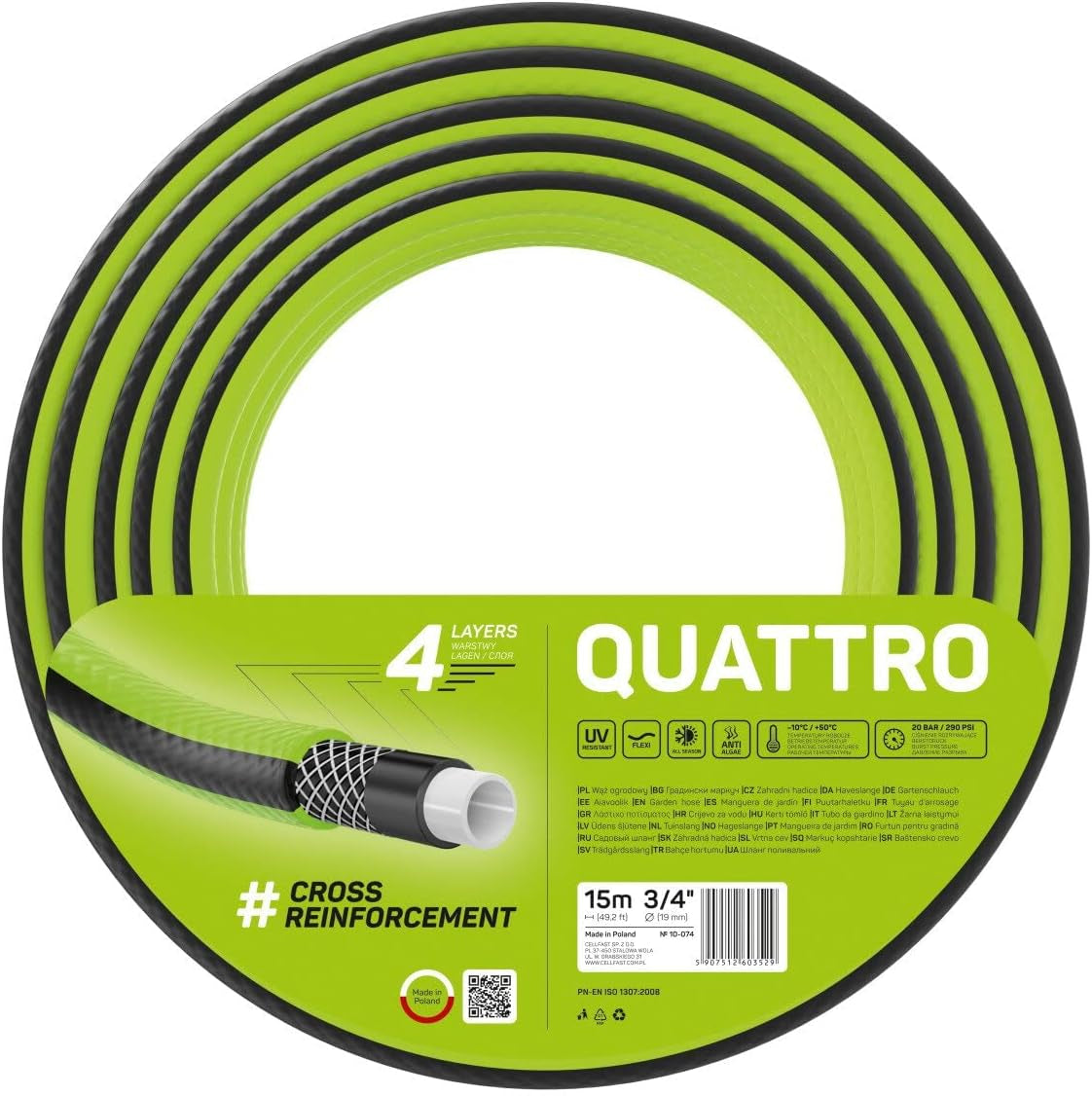Tubo da giardino Cellfast QUATTRO Tubo flessibile da giardino durevole e leggero a 4 strati resistente ai raggi UV con treccia incrociata 20 Bar 3/4" 15 m 10-074